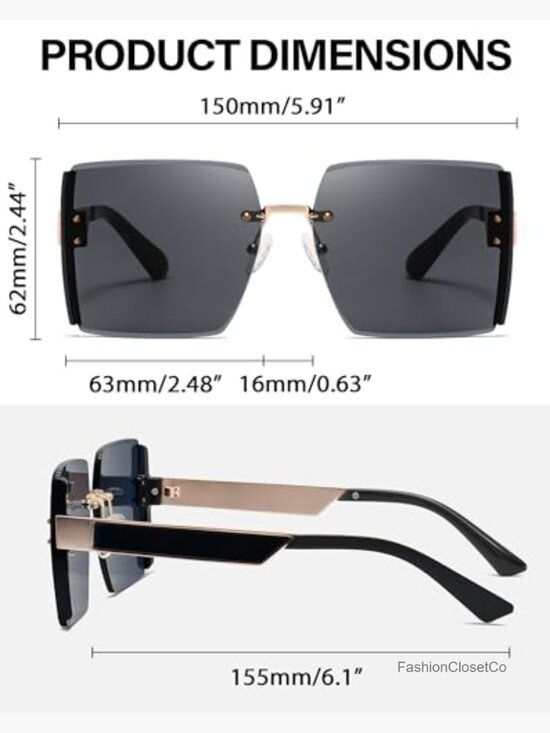 Oversized Rimless Square Sunglasses UV400 Protection Frameless